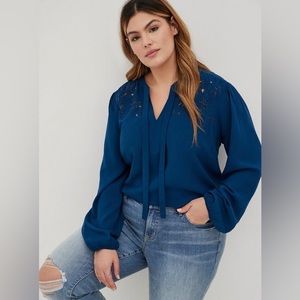 Torrid - blue peasant blouse, long sleeves and embroidered beadwork around neck